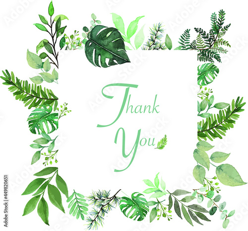 Watercolor of green floral frame thank you background 