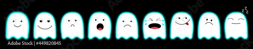 Cute ghost set line. Emoji icon. Happy Halloween. Emoticons. Funny kawaii cartoon characters. Scary white glowing ghosts. Neon blue effect. Emotion collection. Flat design. Black background