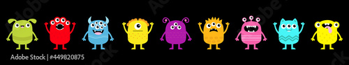 Monster icon set line banner. Happy Halloween. Funny head face colorful silhouette. Cute cartoon kawaii baby character. Eyes horn teeth fang tongue. Hands up, down. Flat design. Black background.