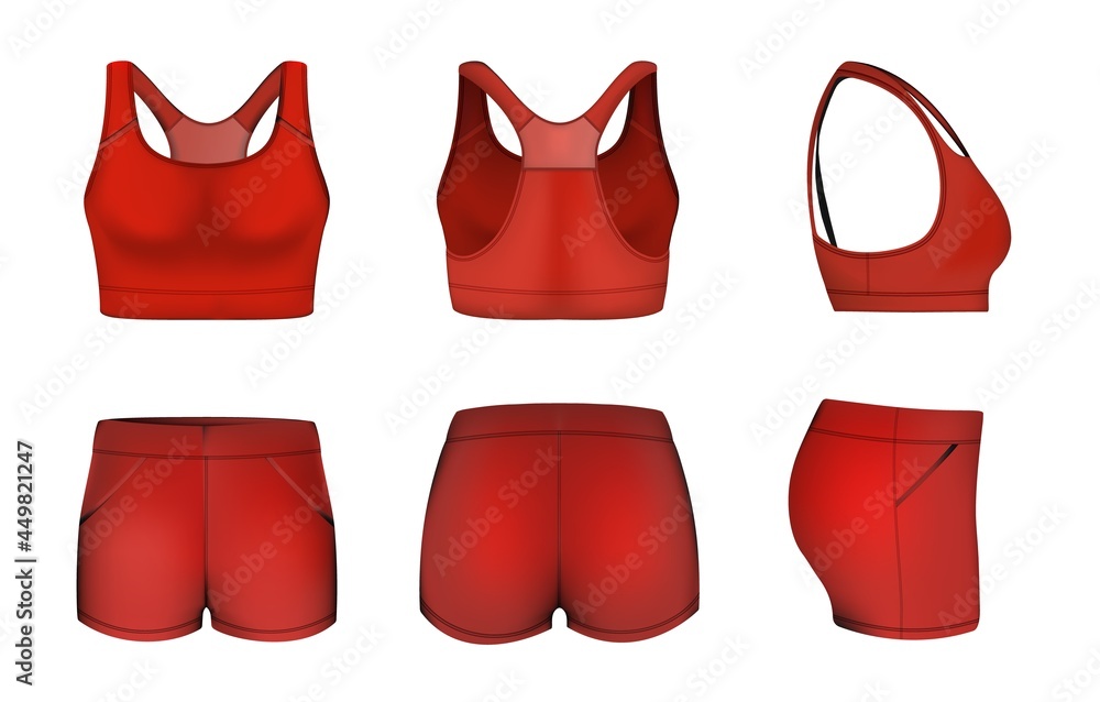 Red women sports bra, crop top, shorts mockup set, vector illustration.  Sportswear fashion, training clothes template. Stock Vector