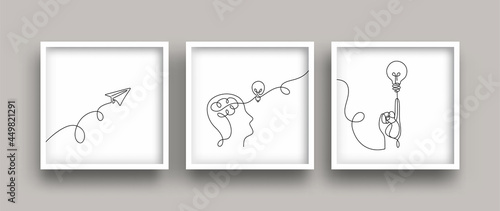 One line drawing creative concept and thinking with light bulb and paper plane