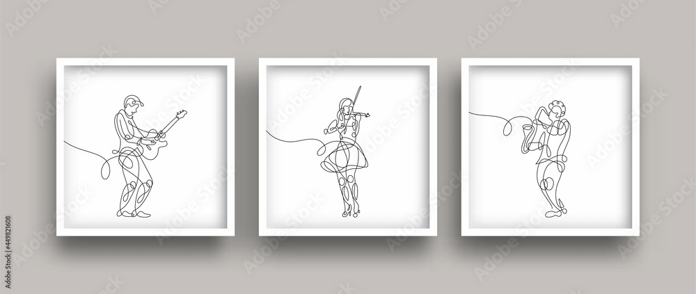 One line drawing of musician performing and playing music. Minimalist poster art set.