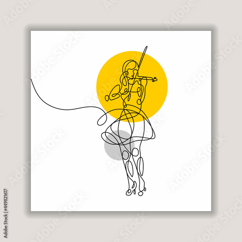 Single line drawing girl playing violin, female woman perform music. Minimalist looping style hand drawn.