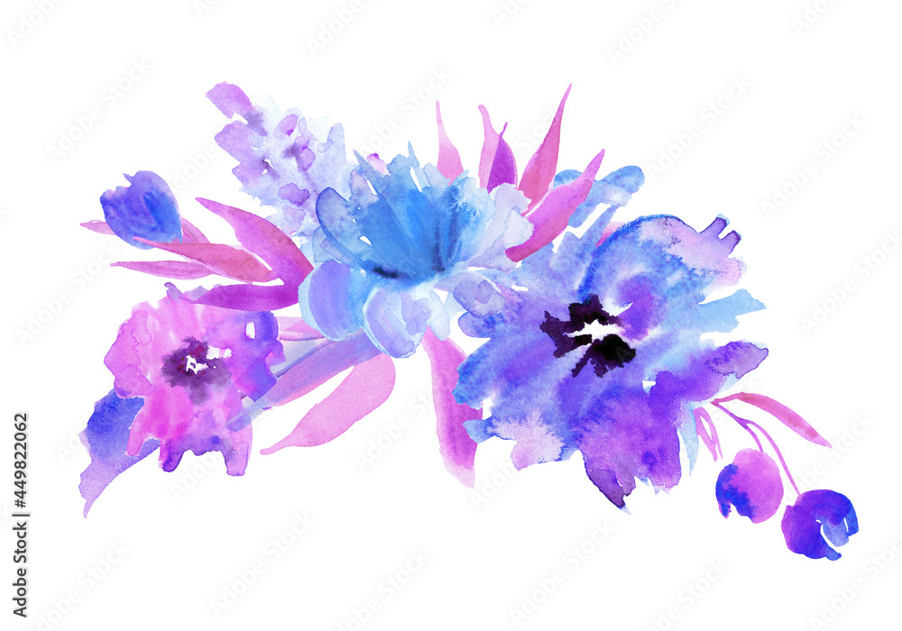 Purple flowers. Watercolor hand painted illustration