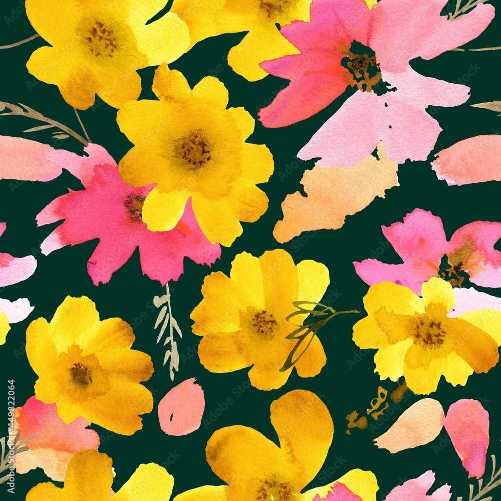 Seamless floral pattern with pink and yellow watercolor flowers