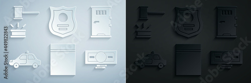 Set Plastic bag with ziplock, Prison cell door, Police car and flasher, Stacks paper money cash, badge and Judge gavel icon. Vector