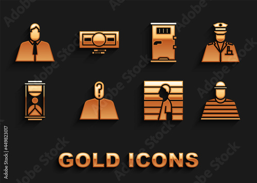 Set Anonymous with question mark, Police officer, Prisoner, Suspect criminal, Old hourglass sand, cell door, Lawyer, attorney, jurist and Stacks paper money cash icon. Vector