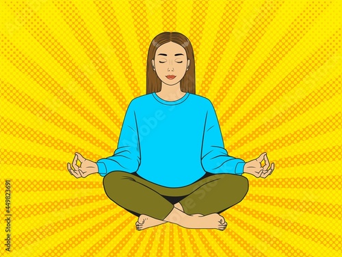 Meditating woman in casual clothes. Vector vintage illustration in pop art style
