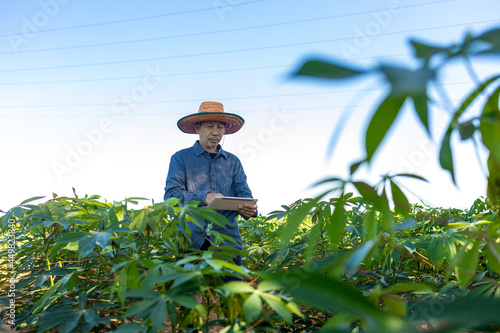 Smart Farmer An Asian man uses a tablet to analyze the crops he grows in his farm during the day.