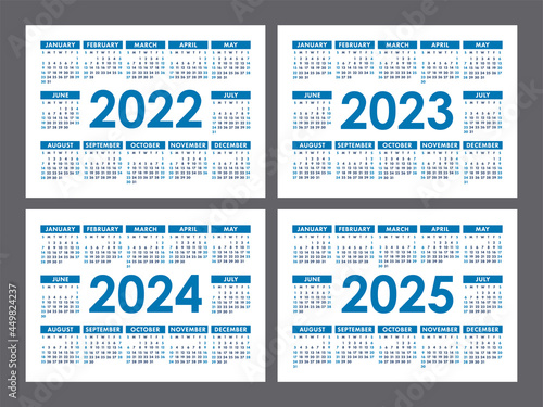 Calendar 2022, 2023, 2024 and 2025 years. English vector set. Horizontal wall or pocket calender template. Design collection. New year. Week starts on Sunday