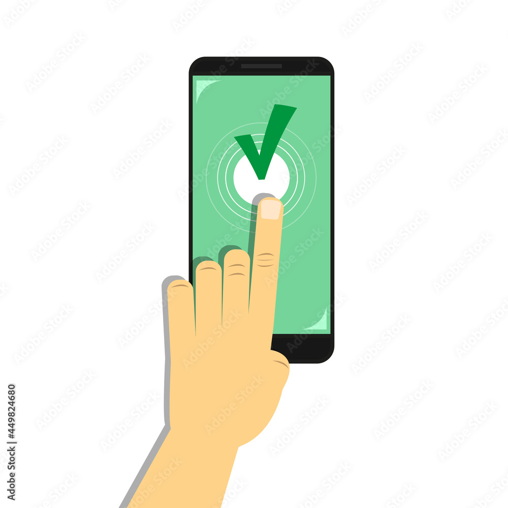 Hand on the phone presses the green check mark Hand on the phone presses the green check mark
