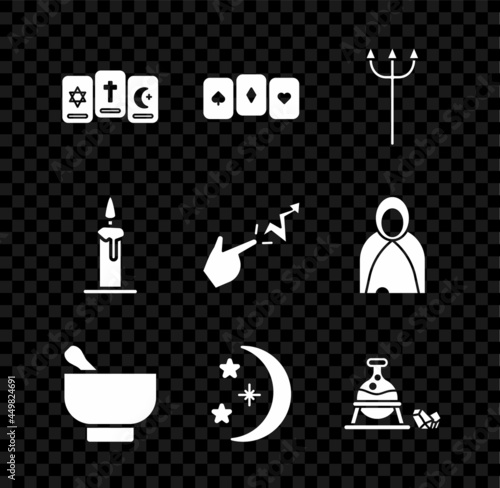 Set Three tarot cards, Playing, Neptune Trident, Magic mortar and pestle, Moon stars, Witch cauldron magic stone, Burning candle candlestick and Spell icon. Vector