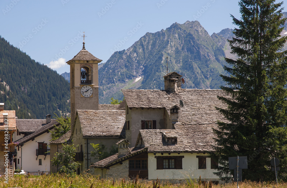 Summer view of Macugnaga mountain village in Valle Anzasca, Piedmont, Italy