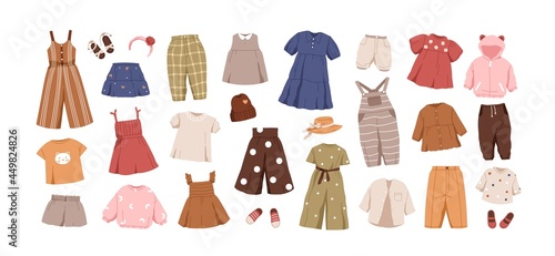 Modern kids clothes set. Summer fashion garments for boys and girls. Collection of stylish casual children wearing. Flat vector illustration of childish dresses and pants isolated on white background