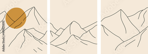 Collection of modern artistic minimalistic landscapes (posters): mountains and sun (sunrise, hand-drawn, sketch) on a beige background photo