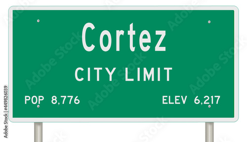 Rendering of a green Colorado highway sign with city information photo