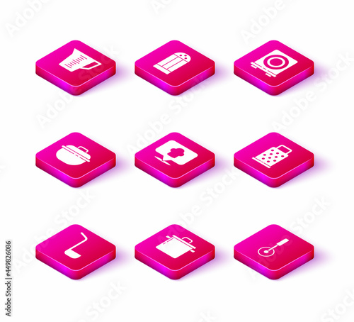 Set Kitchen ladle, Cooking pot, Chef hat with location, Pizza knife, Grater, Electric stove and Salt icon. Vector