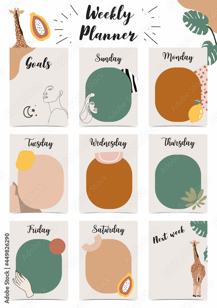 Weekly planner start on Sunday with mountain,fruit,to do list that use for vertical digital and printable A4 A5 size