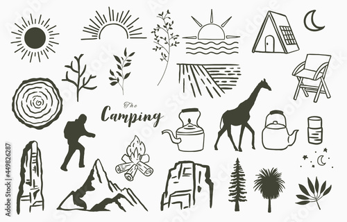 Black line natural with mountain,river,tree,sun,tent,giraffe