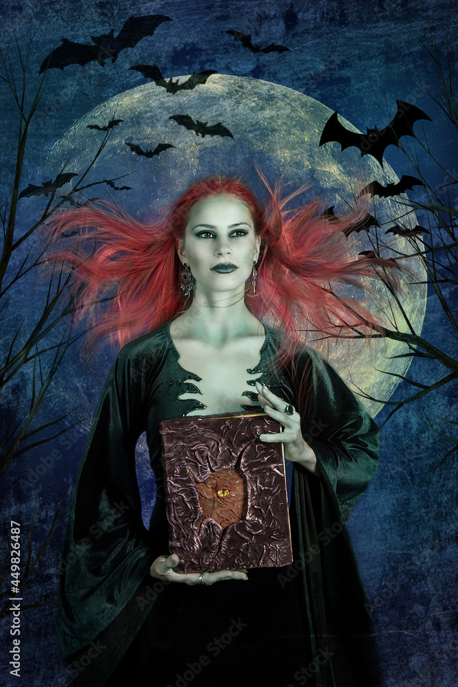 Fototapeta premium young beautiful woman holding a witchcraft book in her hands, witch conjures for Halloween