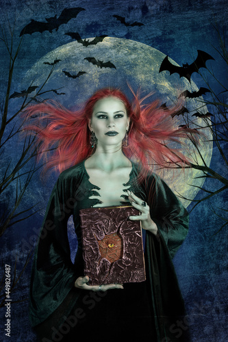 young beautiful woman holding a witchcraft book in her hands, witch conjures for Halloween