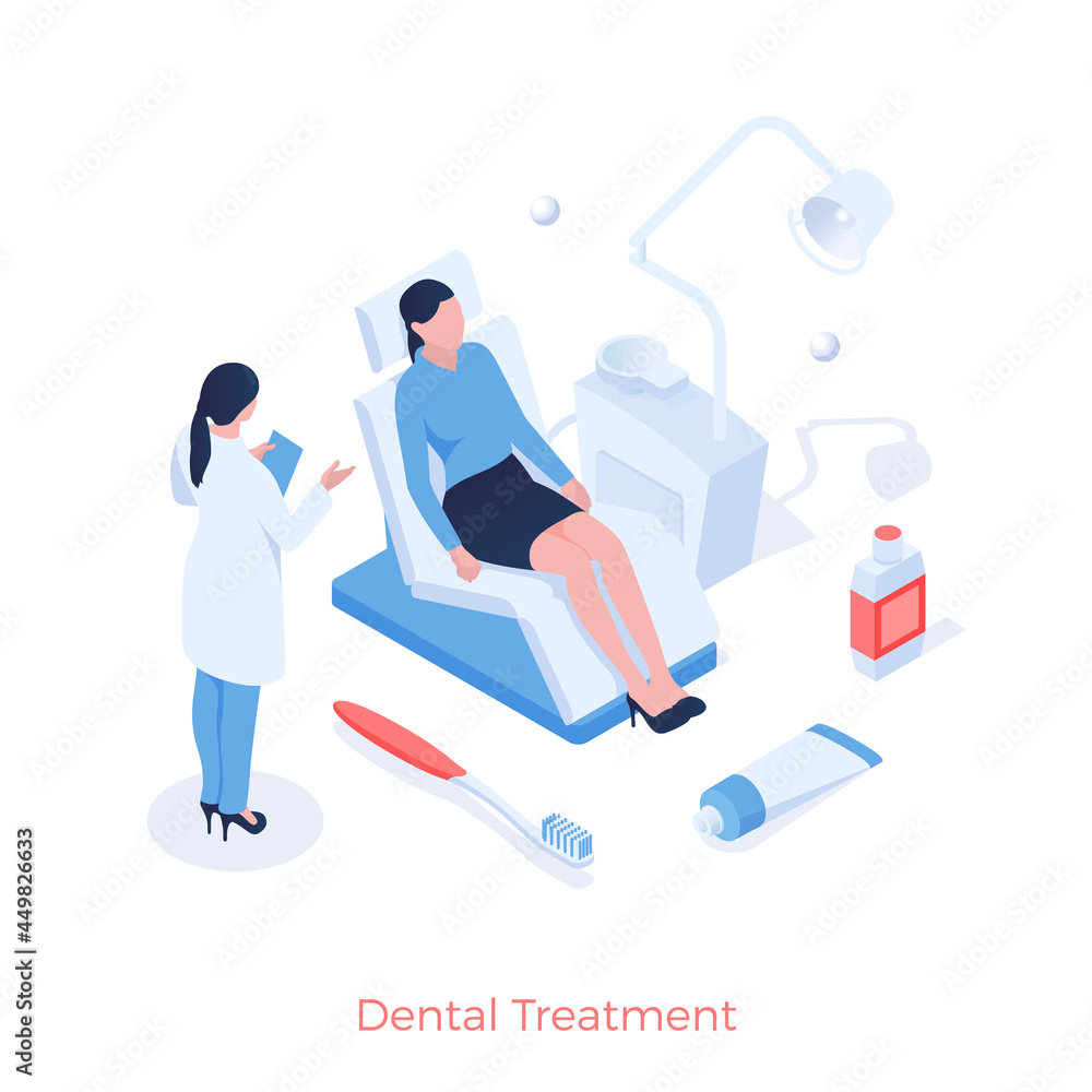 Dental treatment and prophylaxis. Dentist examines patients mouth. Stomatology and therapy of teeth and gums. Procedure for healthcare caries and periodontal disease. Vector isometric illustration