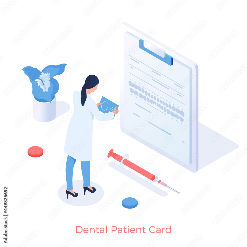 Dentistry patients card. Dentist examines dental tomograms on digital stomatology document. Protected treatment account with medical health data. Vector illustration isometric template