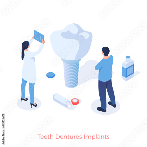 Teeth dental implants. Orthodontist test new artificial tooth for quality. Modern medical technologies for implantation of realistic oral prostheses. Vector illustration isometric template