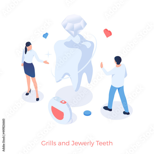 Grills and jewelry teeth. Aesthetic dentistry with diamond. Installation and prosthetics implants made of precious metals and elite materials inserts. Vector illustration isometric template