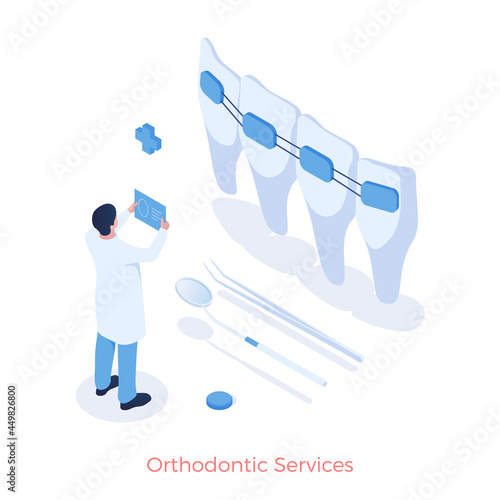 Orthodontics modern service. Professional dentist reviews quality of braces and improvement in bite. Dental therapy prophylaxis with modern materials. Vector illustration isometric template