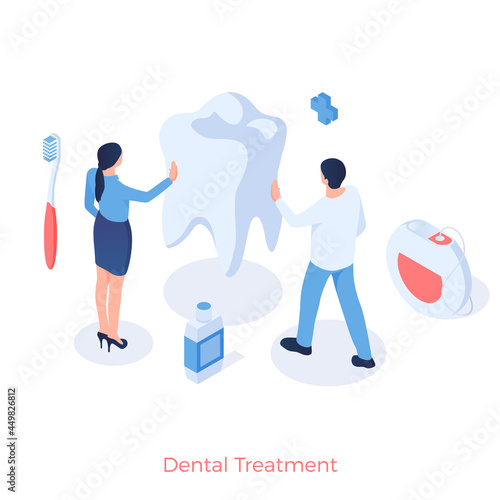 Dental treatment and prophylaxis. Oral cavity and removal calculus. Stomatology whitening enamel and daily cleaning of gums. Modern examination and healthcare. Vector illustration isometric
