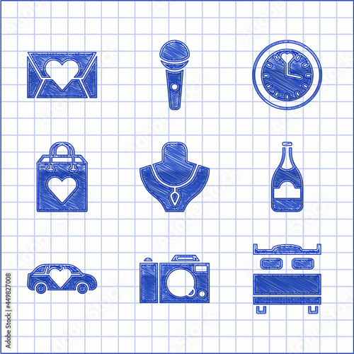 Set Necklace on mannequin, Photo camera, Bedroom, Champagne bottle, Limousine car, Shopping bag with heart, Clock and Envelope Valentine icon. Vector