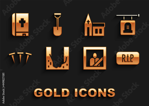 Set Cemetery digged grave hole, Signboard tombstone, Speech bubble rip death, Mourning photo frame, Metallic nails, Church building, Holy bible book and Shovel icon. Vector