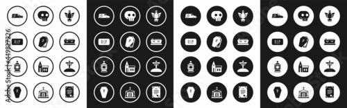 Set Christmas angel, Coffin with cross, Speech bubble rip death, Hearse car, dead, Skull, Grave and Funeral urn icon. Vector