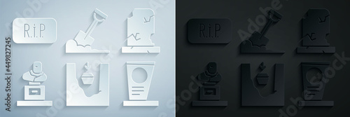 Set Coffin in grave, Old with tombstone, Grave, Shovel the ground and Speech bubble rip death icon. Vector