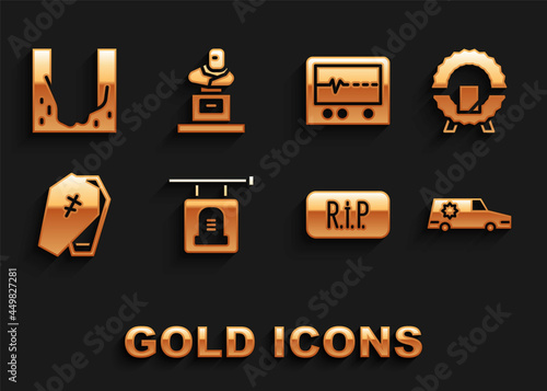Set Signboard tombstone, Memorial wreath, Hearse car, Speech bubble rip death, Coffin with cross, Beat dead monitor, Cemetery digged grave hole and Grave icon. Vector