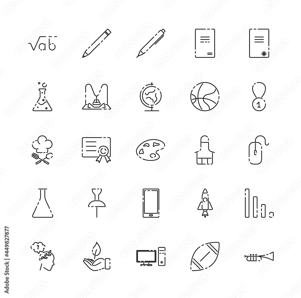 School set of linear icons. Study, science, school, university, distance learning, e-learning sign. Vector illustration for design, website, advertising. School concept. School set of linear icons. Study, science, school, university, distance learning, e-learning sign. Vector illustration for design, website, advertising. School concept.