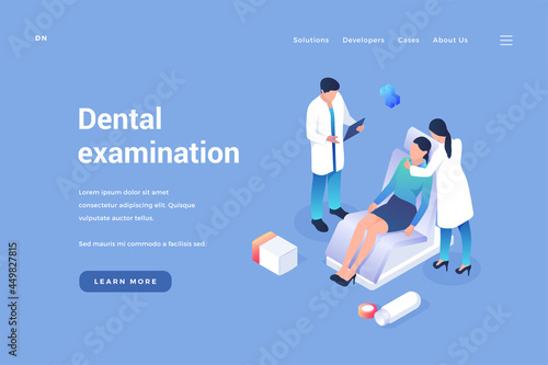 Dental treatment and examination. Dentist conducts therapy patients. Medical prophylaxis of teeth and gums. Procedure for healthcare caries and periodontal disease. Landing page vector isometry