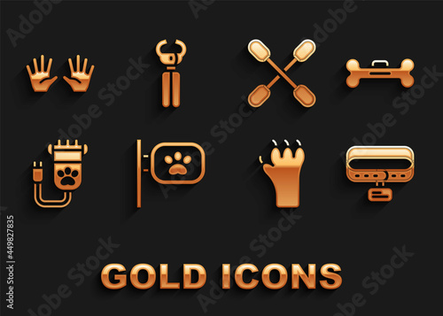 Set Pet grooming, Dog bone, Collar with name tag, Paw print, Hair clipper pet, Cotton swab for ears, Medical rubber gloves and nail clippers icon. Vector