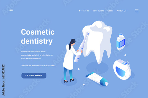 Cosmetic curative dentistry. Teeth whitening and prevention of gums and enamel. Elimination of chips and calculus. Prophylaxis and treatment of healthcare. Vector home page isometric