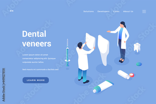 Installation of dental veneers. Professional dentists put on cosmetic and medical dental onlays. Nice bite and white enamel with beautiful smile. Vector landing page isometric template photo