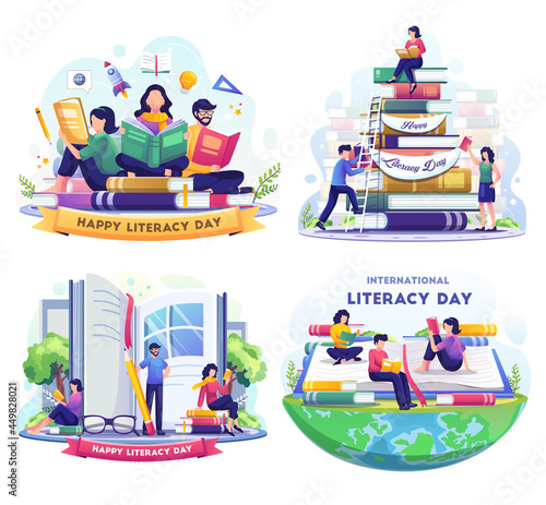 Set bundle of Literacy Day with People celebrate Literacy Day by reading books. Flat vector illustration