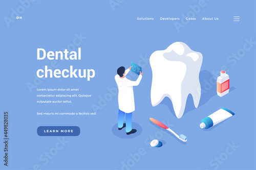 Dental checkup and prevention. Dentist examines patient teeth. Medical therapy of mouth and gums. Procedure for healthcare caries and periodontal disease. Landing page vector isometry template