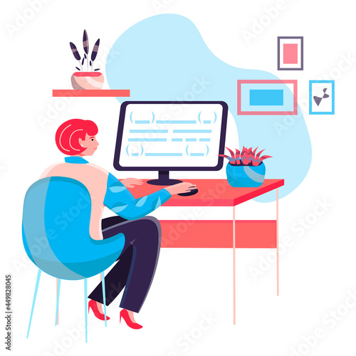 Programmer working at office concept. Woman writes code, creating and testing apps. Software and programs development, character scene. Vector illustration in flat design with people activities