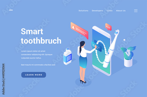 Dental smart toothbrush. Digital brush with gum massage and control via mobile application. New technologies for dental care. Electronic medical devices. Vector isometric home page