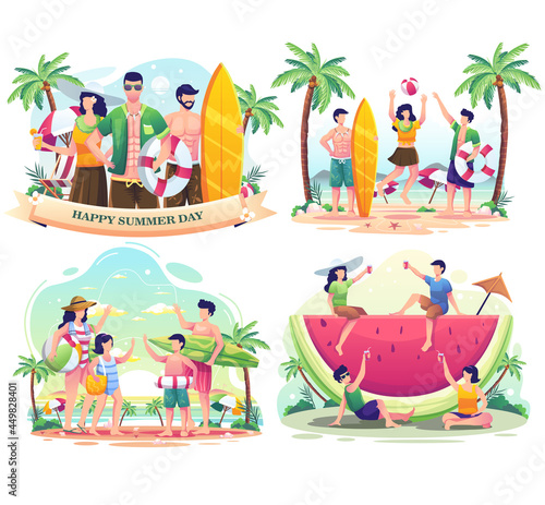 Set bundle of Summer day with People enjoying summer on the beach. Flat vector illustration.