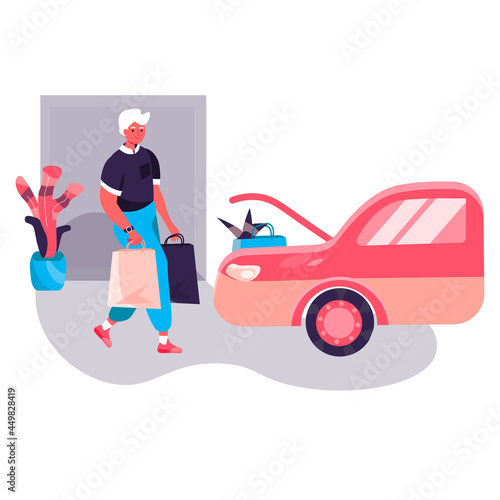 Shopping man concept. Man buyer carrying purchases and loading bags into car. Customer buying at shop or supermarket character scene. Vector illustration in flat design with people activities