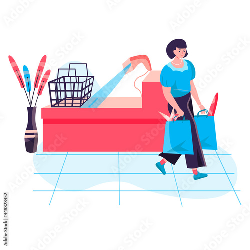 Shopping woman concept. Female buyer carrying purchases after payment at checkout cash desk. Customer buying at supermarket character scene. Vector illustration in flat design with people activities