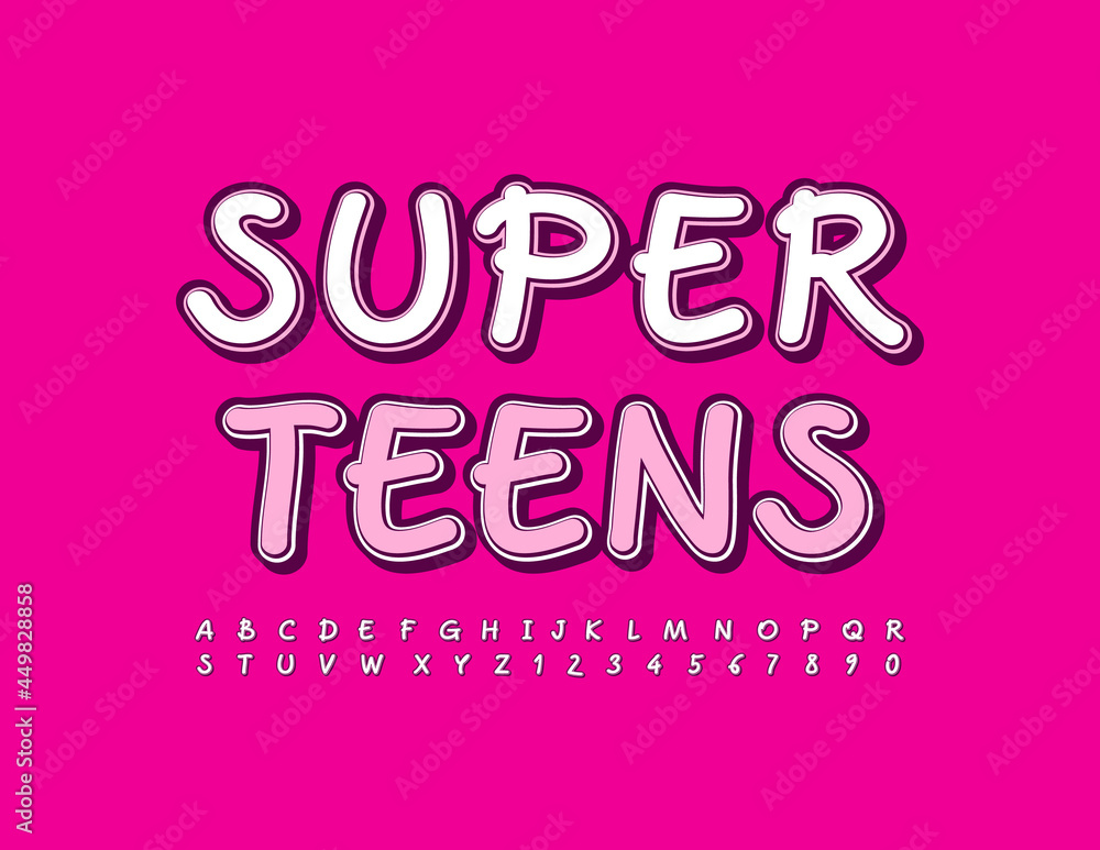 Vector creative sign Super Teens with handwritten Alphabet. Cute trendy Font. Artistic Letters and Numbers set
