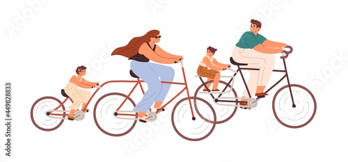 Happy family riding Adult and Child bikes. Parent with children driving bicycles together. Mother, father and kids cycling. Colored flat vector illustration of cyclists isolated on white background